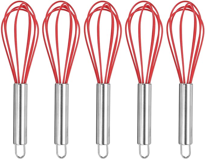 HARFINGTON 5Pcs Silicone Whisk 8" Kitchen Whisk Wire Whisks Beater with Stainless Steel Handle for Egg Milk Whisking Blending Beating & Stirring, Red