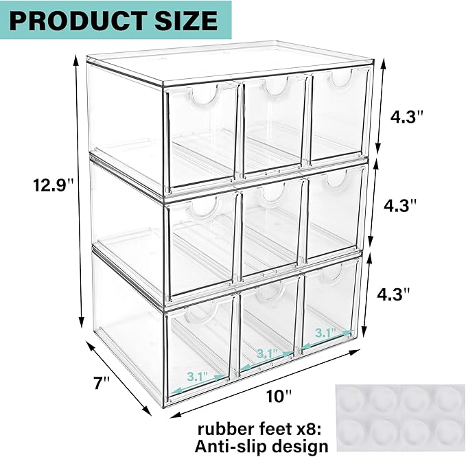 Prsildan Acrylic Makeup Organizer, 3 Pack Stackable Storage Drawers with 9 Drawers for Office Desk Vanity Craft Room Clear Drawer Organizers for Hair Accessories Art Supplies Cosmetics Modular System