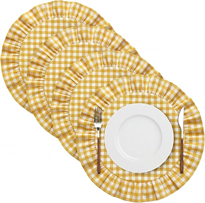 4 Pcs 15 Inch 100% Cotton Scalloped Round Placemats, Thin Yellow Gingham Place Mats with Ruffle, Washable Placemats Table Mats for Kitchen Dining Holiday Gatherings Decor