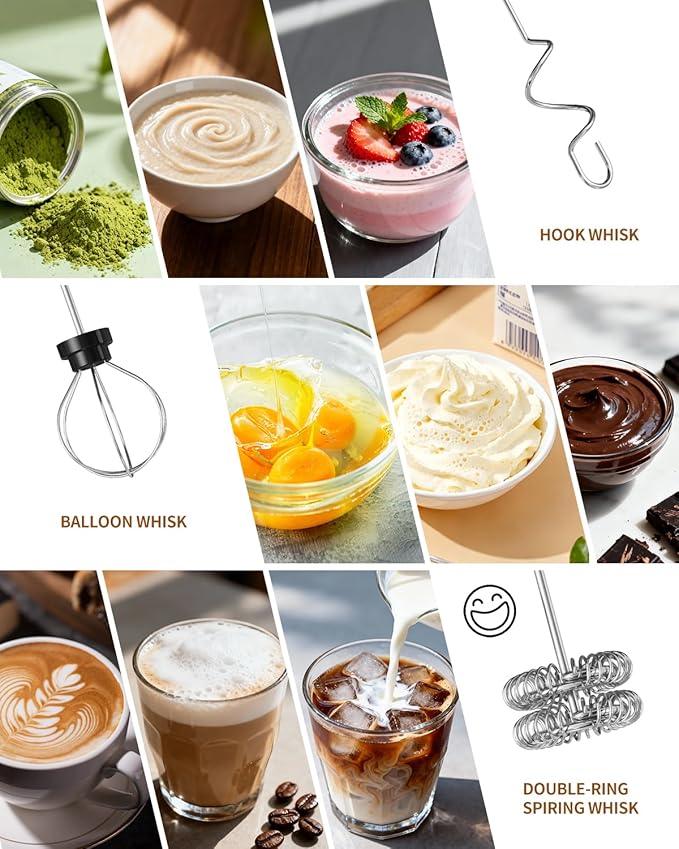 CIRCLE JOY Rechargeable Handheld Milk Frother Wand with 3 Variable Speeds, 3 Whisks and Storage Box, Electric Drink Mixer for Latte, Cappuccino, Hot Chocolate, Eggs and Protein Powder, Black