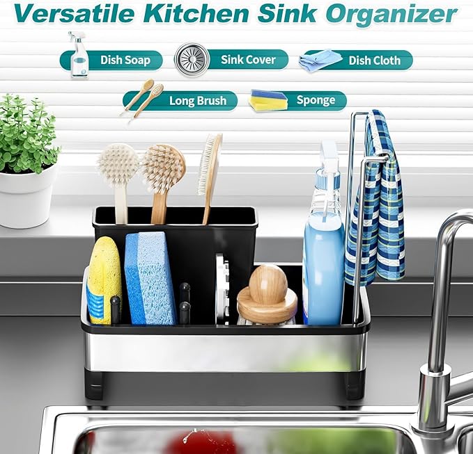 304 Stainless Steel Sink Caddy with Auto-Drain, Rustproof Kitchen Sink Organizer, Sponge Holder with Removable Brush & Towel Rack, Countertop Storage for Soap Dispenser, Kitchen Accessories, Black