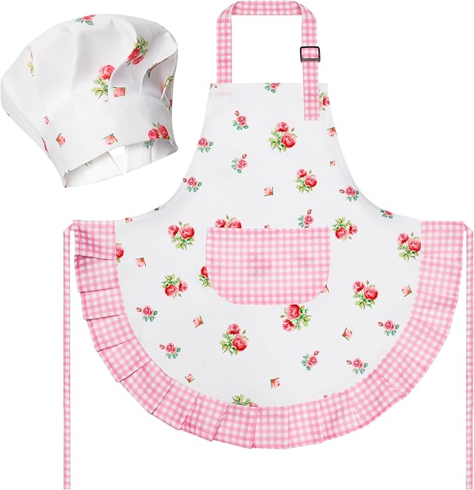 R HORSE Kid Apron and Chef Hat Set - 2Pcs Plaid Floral Adjustable Children Kitchen Toddler Apron for Girls, Role Play Chef Toy Cooking Baking Painting and Training Kit Kid Funny Cooking Birthday Gift