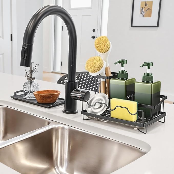 Sink Caddy & Organizer with Drain Tray, Countertop Holder for Sponges, Dishwashing Liquid, Long Handle Scrubber Compartment - Black