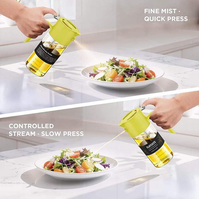 PLAPITATE 17oz/500ml Premium Olive Oil Sprayer for Cooking, 2 in 1 Glass Olive Oil Dispenser Bottle for Kitchen Gadgets, Spray Bottle with Portion Control for Salad, Frying, BBQ (Lime Yellow)