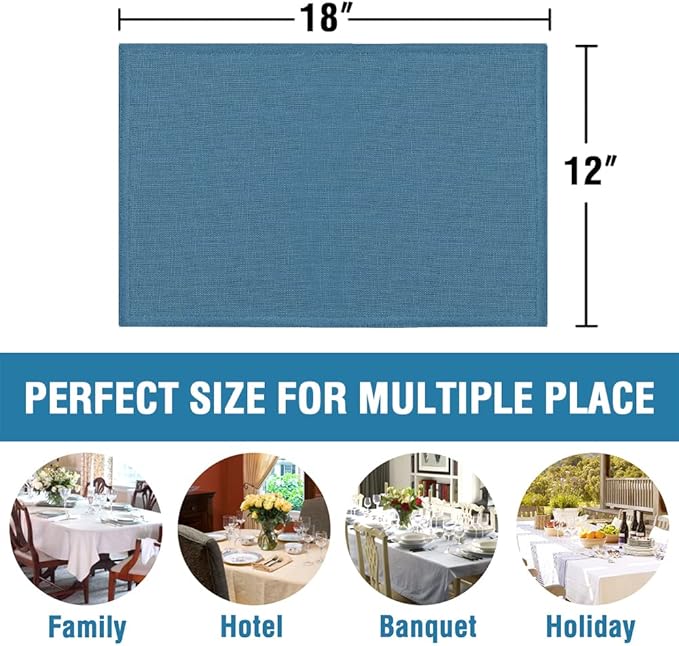 H.VERSAILTEX Linen Placemats Set of 4 Premium Solid Table Mats for Dining Table Spill-Proof Waterproof Heat-Resistant Kitchen Mats Washable, 12x18 inches, Ink Blue