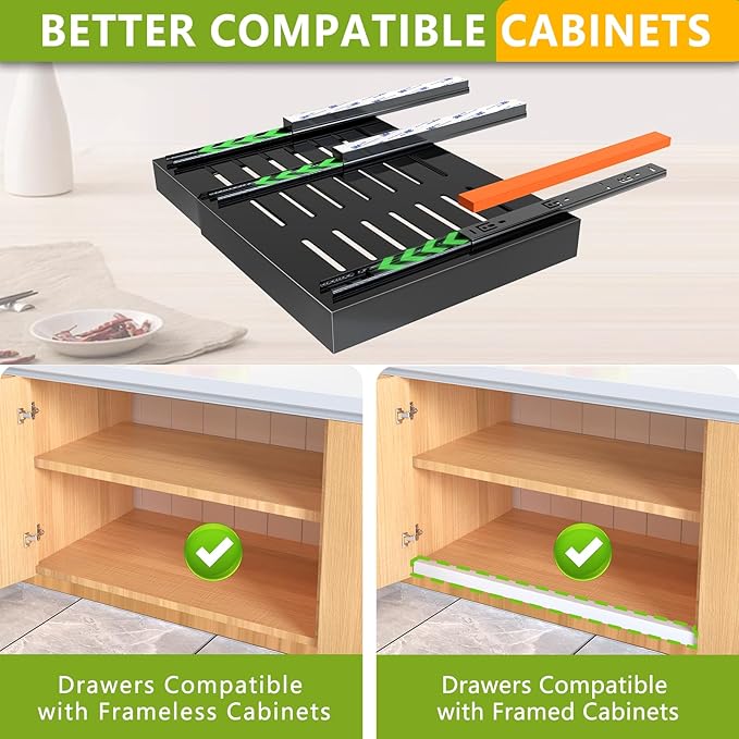 Mlinavn Pull Out Cabinet Organizer 21" Deep Expandable Slide Out Drawer Organizers,No Drill Roll Out Drawers Adhesive with Nano Compatible Framed Cabinets Shelves for Kitchen Pantry Adjustable Width