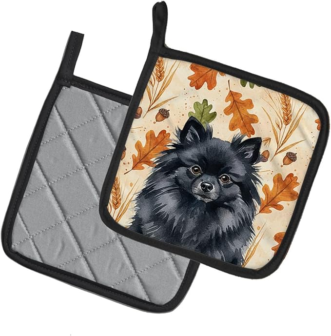 Caroline's Treasures Black Pomeranian Heirloom Fall Pair of Pot Holders Pair 7.5x7.5 Quilted Insulated Hot Pads Decorative Kitchen Gift Made in USA
