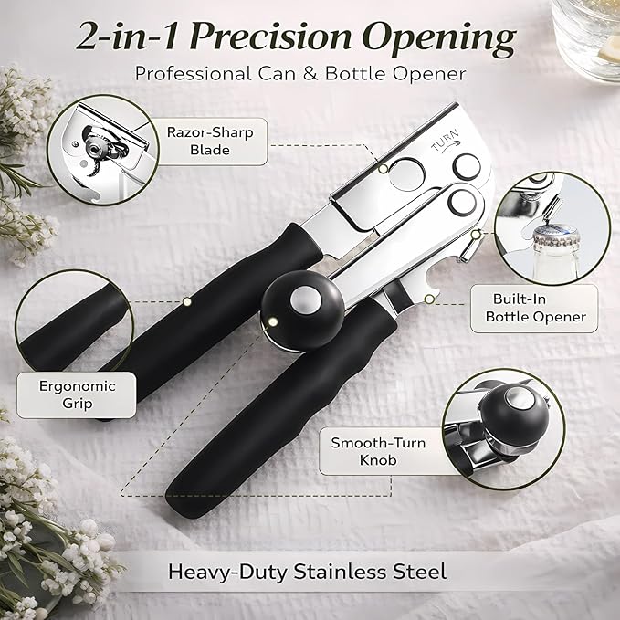 Commercial Can Opener, Heavy Duty Manual Can Opener for Large Cans, Hand Crank Can Opener with Magnetic Lid Lifter, Stainless Steel with Bottle Opener