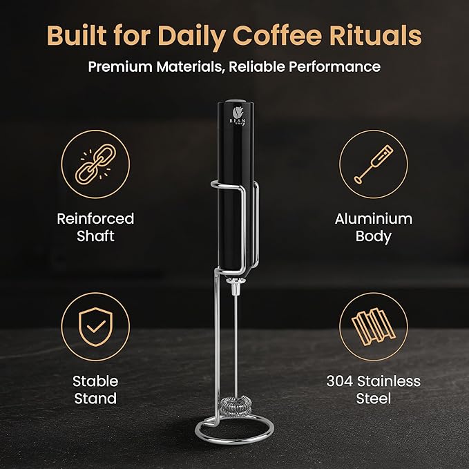 Bean Envy Rechargeable Milk Frother Handheld, Aluminium Coffee Frother Handheld with Stainless Steel Frother Wand, Best Coffee Frother Gift | Adjustable Speed Frother (USB C Cable and Stand Included)