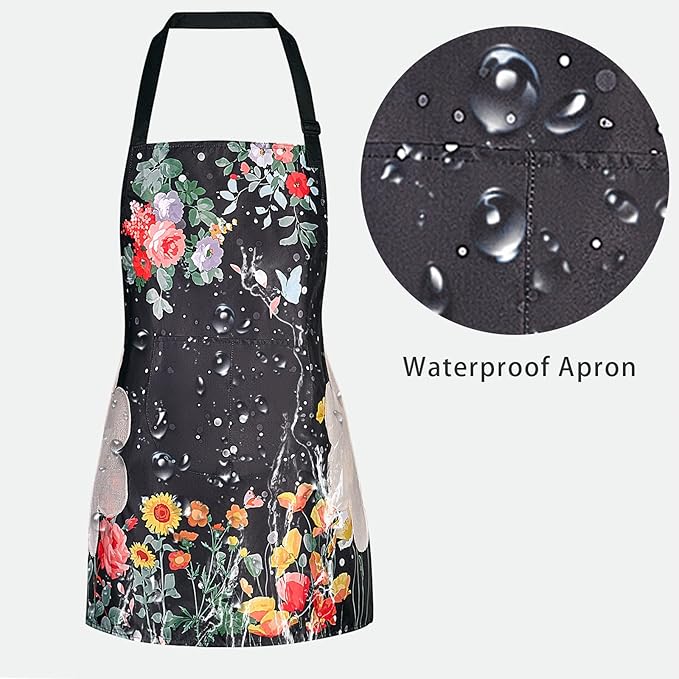 DILLMAN 2 Pack Floral Aprons with Pocket Blooming Womens Waterproof Adjustable Cooking Aprons Kitchen Gardening Salon