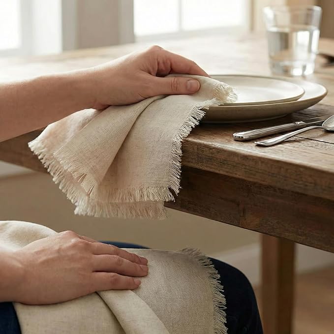 ACCENTHOME Cream Cotton Linen Napkin Set of 6 18x18 inch Dinner Napkins - Washable Soft Premium Hotel Quality Reusable Napkins Perfect Table Napkins for Family Dinners, Weddings & Everyday Use