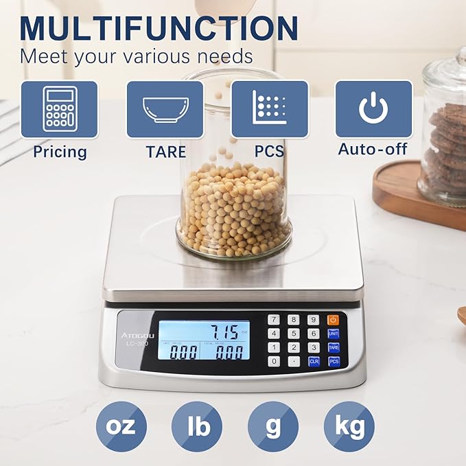 Atogou 110lb Food Scale, Commercial Kitchen Scale with Price Computing, Plug-in Usable, 0.05oz/1g, 304 Stainless Steel, for Cooking, Vegetables, Farm, Industry, Counting. LC300 Silver