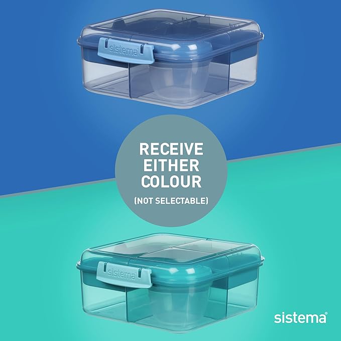 Sistema Ocean Bound Plastic Bento Box | Lunch Box with Yoghurt/Fruit Pot | 1.25 L Square | BPA-Free Made Using Recycled Plastic | Assorted Colours (Varies by Pack)