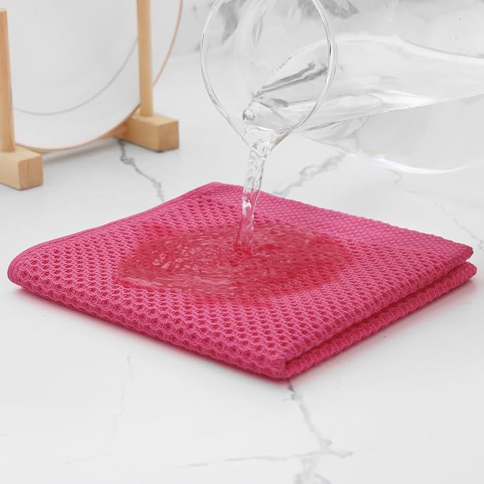 Kitinjoy 100% Cotton Kitchen Dish Cloths (12 X 12 Inches, Hot Pink), 12 Pack Waffle Weave Ultra Soft Absorbent Dish Towels for Drying Dishes Quick Drying Kitchen Towels Dish Rags