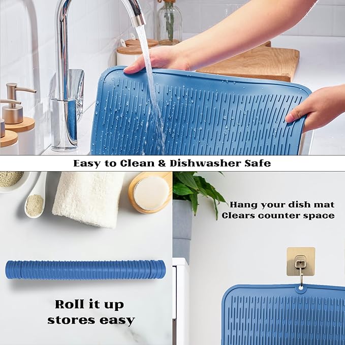 ZLR Large Silicone Dish Drying Mat (16" x 18") - XL Heavy Duty Drainboard Mat for Pots, Pans & Family Loads - Heat Resistant Trivet & Counter Protector, Easy Clean (Lichen Blue)