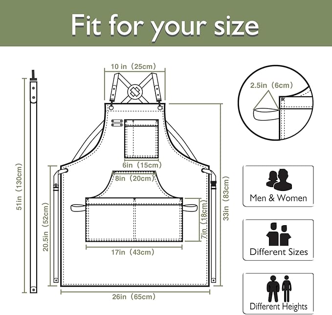 Kitchen Apron, Work Apron, Canvas, Multiple Pockets, Gardening, Painting, BBQ, Artist, Carpenter, Sizes M to XXL, Olive