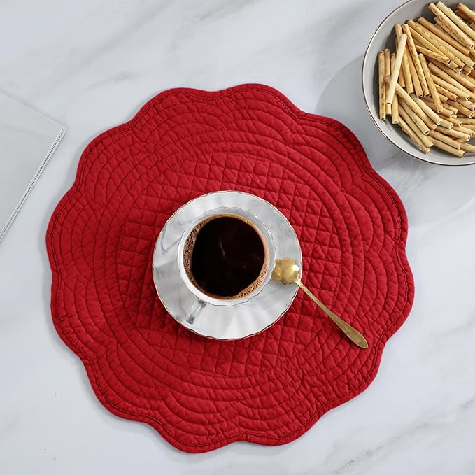 HOMBYS Quilted Placemats Set of 6 Washable Round Placemats for Kitchen Table-100% Cotton Fabric 14 Inch Round Table Mats, Cotton Fabric with Microfiber Filling, (14"x14", Red)