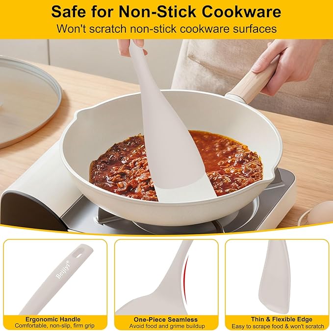 Beijiyi Silicone Spatula Set of 4, 600°F Heat Resistant, BPA Free Kitchen Spatula and Spoons for Nonstick Cookware, Solid & Slotted Turner Cooking Utensils for Serving, Flipping Egg, Pancakes (Khaki)
