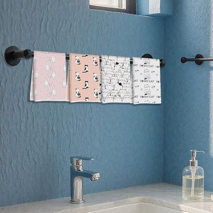 4 Pcs Adorable Cat Kitchen Towels, Decorative Absorbent Microfiber Dish Cloth Tea Towel, Waffle Soft Hand Towels for Farmhouse Home Bathroom, Cat Lover Gifts 2