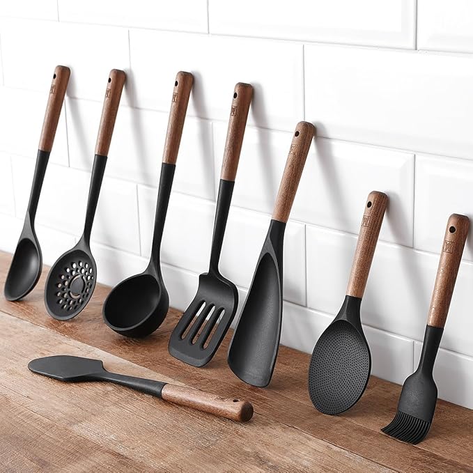 WAGENSTEIGER Set of 2pc Silicone Cooking Utensils: Wooden Handle Ladle + Long Head Serving & Cooking Spoon, Heat Resistant, BPA Free, Scratch-Resistant Surface Design