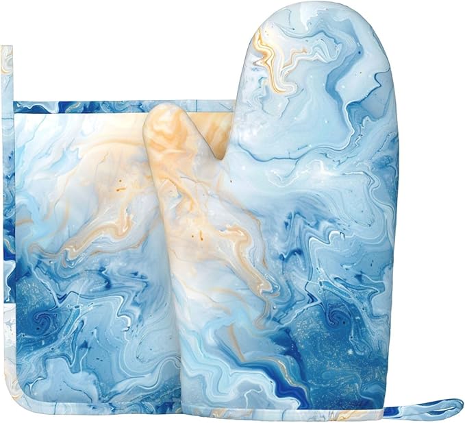 Oven Mitts and Pot Holders Blue Marble Pastel Silicone Kitchen Accessories Set of 2 Heat Resistant Long Gloves Potholder Non-Slip Grip for Chef Cooking Baking Grilling BBQ