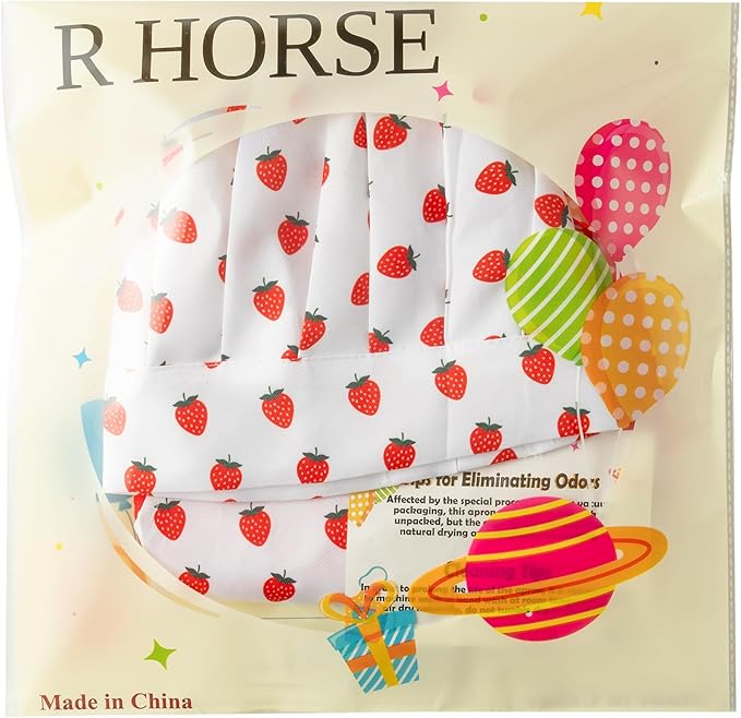 R HORSE Kid Apron and Chef Hat Set - 2Pcs Strawberry Adjustable Children Kitchen Toddler Apron for Girls, Role Play Chef Toy Cooking Baking Painting and Training Kits Kid Funny Cooking Birthday Gift