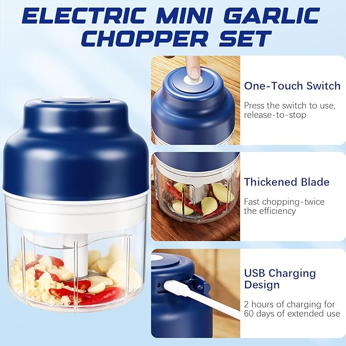 Electric Garlic Chopper,Upgrade Electric Mini Garlic Chopper Set,New Small Garlics Choppers Mincer,USB Rechargeable,Wireless Veggie Grinder,for Mashing Onion,Garlic,Chili,Ginger(Blue,250ML)