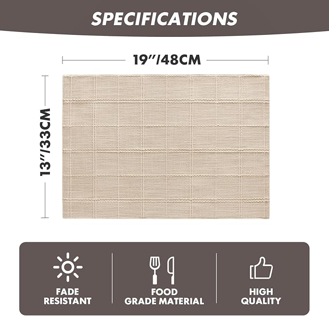 ZeeMart Linen Checked Placemats Set of 6, Plaid Embroidery Textured Table Mats, Double Layer Thick Farmhouse Rustic Place Mats for Kitchen Dining Table Home Decor, Beige 13x19 Inch