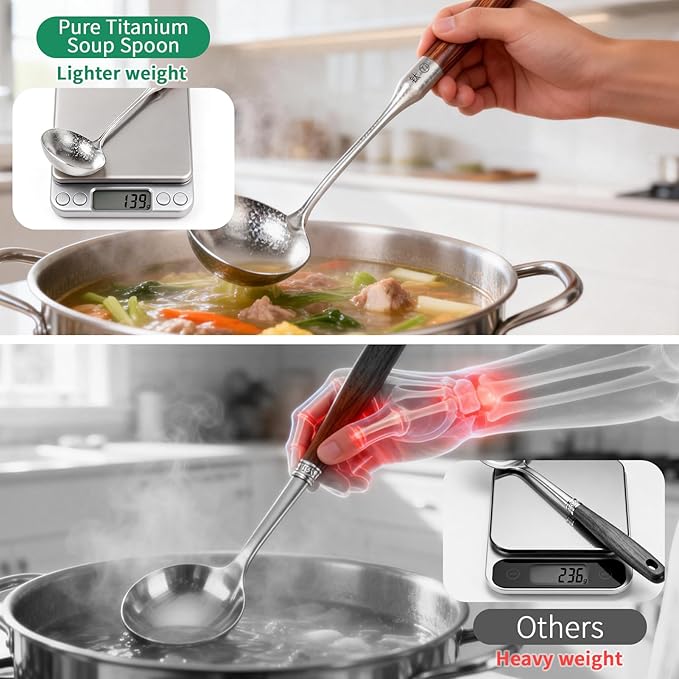 Newness Soup Ladle and Solid Turner, [Rustproof, Heat Resistance] Resilient Pure Titanium Soup Spoon and Turner with Long Ergonomic Natural Wooden Round Handle, Non-Toxic Cooking Spoon for Kitchen