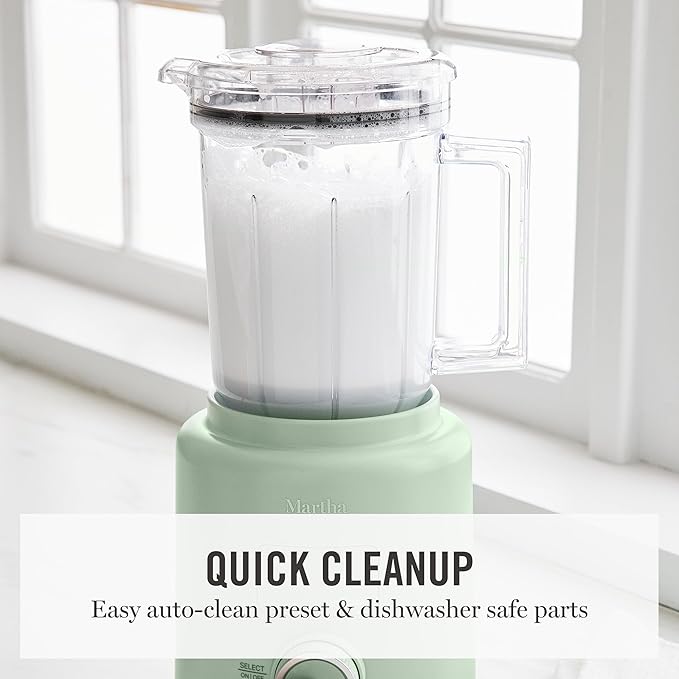 Martha Stewart Countertop Blender, 50oz Jar, 6 Stainless Steel Blades 3 Speeds & 5 Presets, Auto Clean, Smoothies, Crush Ice, Shakes, Chop, Margarita, Measurement Markings, 700W, Honeydew Green