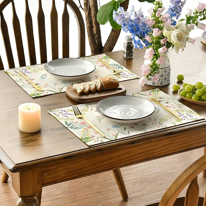 Artoid Mode Flowers Floral Summer Placemats Set of 4, 12x18 Inch Seasonal Spring Table Mats for Party Kitchen Wedding Dining Decoration