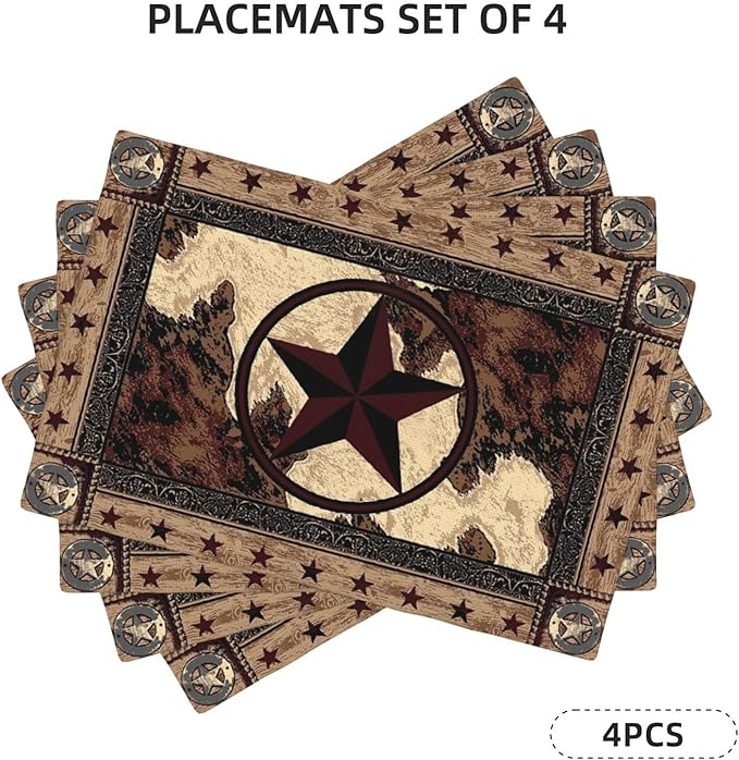 Western Texas Star Placemats Set of 4 Rustic Vintage Country Linen Washable Placemat Brown Wood Panel Kitchen Dining Heat-Resistant Place Mats Desktop Decor Table Mats 12x18 Inch