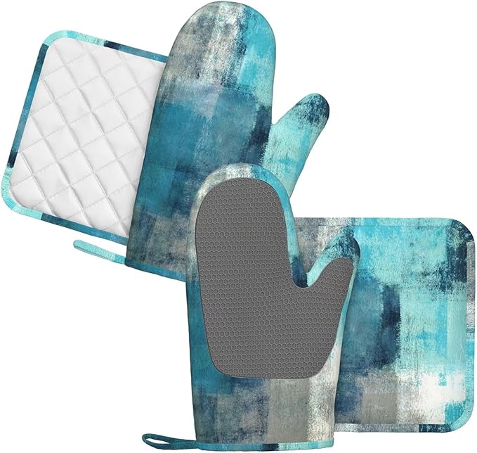 Modern Art Abstract Gery Turquoise Oven Mitts and Pot Holders Sets Silicone Turquoise Kitchen Mitts Potholders Heat Resistant 4Pcs Teal Oven Gloves Hot Pads for Kitchen Baking Cooking BBQ