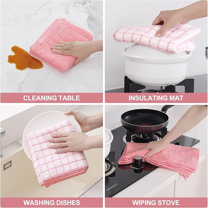 Homaxy Premium Cotton Kitchen Towels 16"x 28", Large Natural Ring Spun 390 GSM Dish Towels, Super Absorbent Terry Kitchen Hand Towels, Soft Tea Towels with Hanging Loop, Pink Check Design, 12 Pack