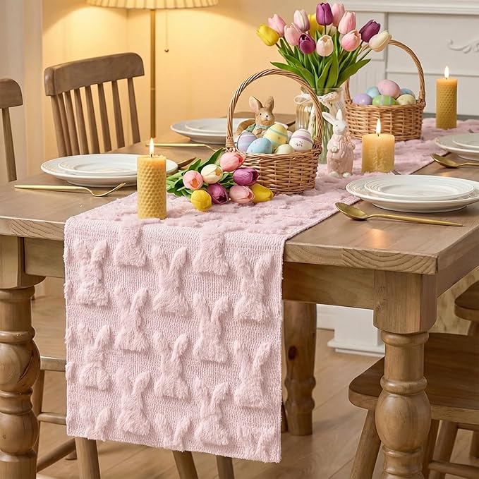 Artoid Mode Pink Soft Plush Faux Fur Jacquard Bunny Rabbit Easter Table Runner, Seasonal Kitchen Dining Table Decoration for Home Party Decor 13x120 Inch