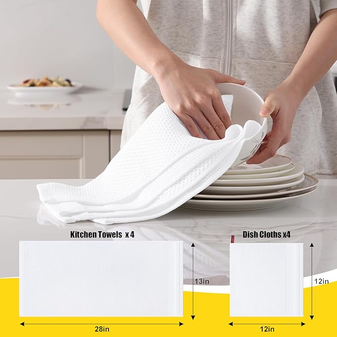 Homaxy Kitchen Towels and Dishcloths Set, 12 x 12 and 13 x 28 Inches, Set of 8 100% Cotton Waffle Weave Kitchen Towels, Super Soft and Absorbent Dish Cloths, White