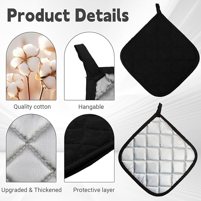 4 Pcs Quilted Pot Holder, Cotton Heat Resistant Hot Pads for Kitchen, Countertops, Oven Pot Holders (Black)