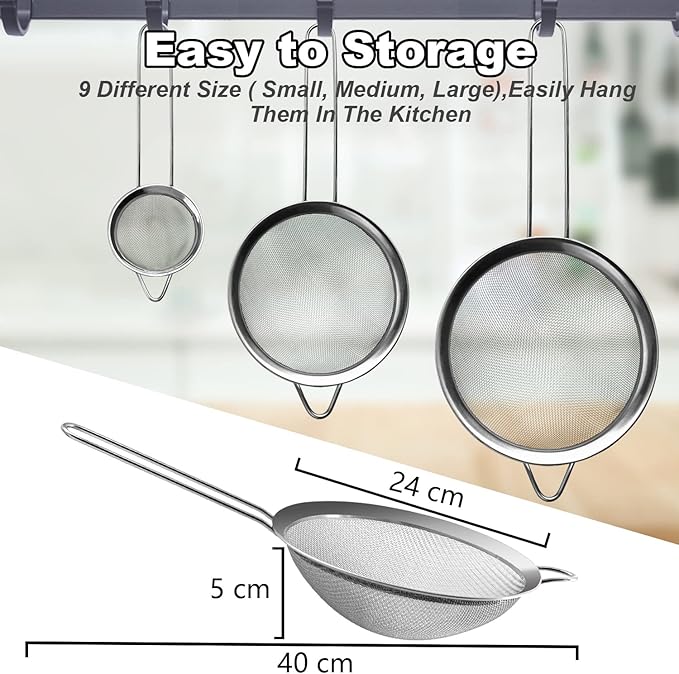 Anaeat Fine Mesh Strainers - Premium Stainless Steel Colander Sieve Sifters, with Durable Mesh and Sturdy Handle, Excellent for Sifting Dry ingredients, Flour, Pastas, Rice, Tea (9.45"）