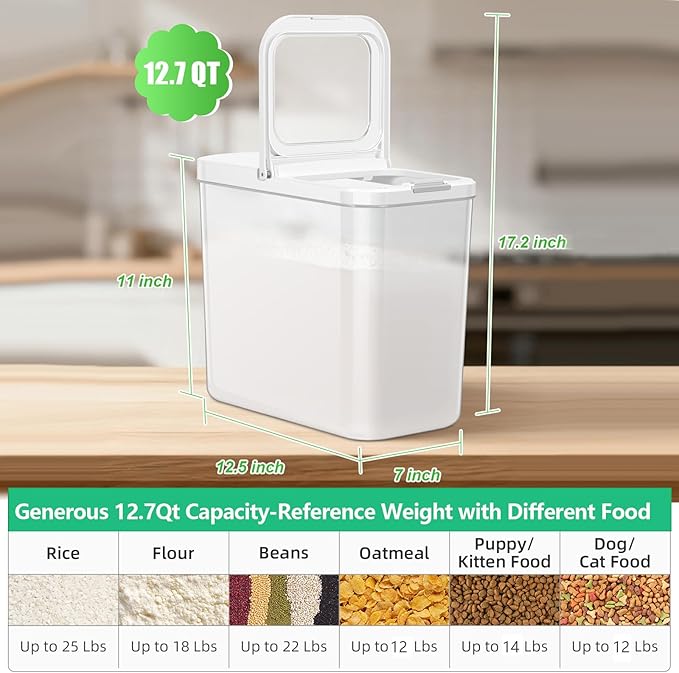 TBMAXS Rice Flour Storage Container - 12.7 Qt | 25 Lbs Crystal-Clear Plastic Food Storage Container Bin with Pop-up Lid for Grains Beans, Dry Food Holder for Kitchen Pantry Organization and Storage