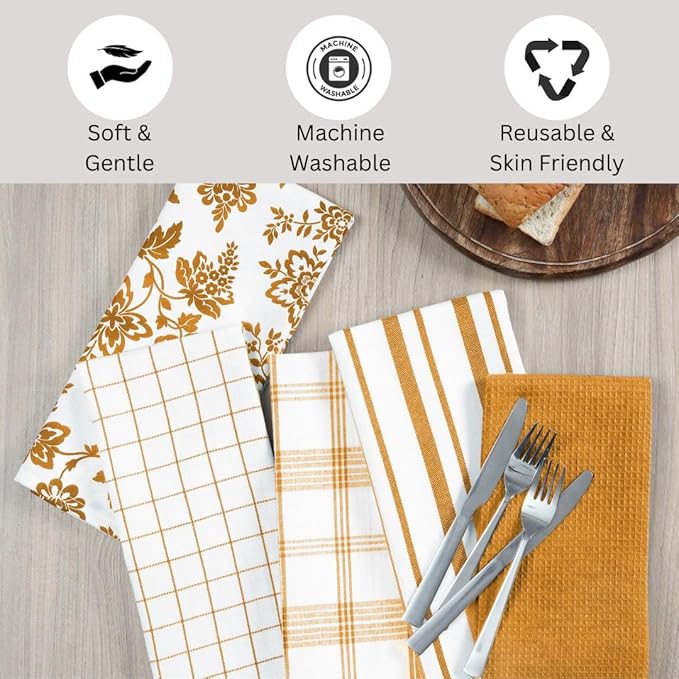 Assorted Kitchen Towels 100% Cotton 16x26 Inch - Super Absorbent, Soft & Quick Drying, Multi-Purpose for Drying & Cleaning, Ideal for Kitchen & Home Use, Set of 5 Low-Lint Dish Towels Yellow