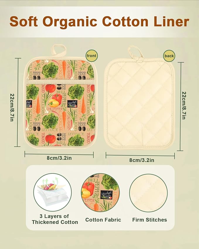 Swooflia 100% Cotton Pot Holders 2 Pack Set for Kitchen with Pockets - Cute 440°F Heat Resistant Oven Hot Pads Heavy Duty for Countertop Home Cooking Baking Microwave BBQ Vegetables