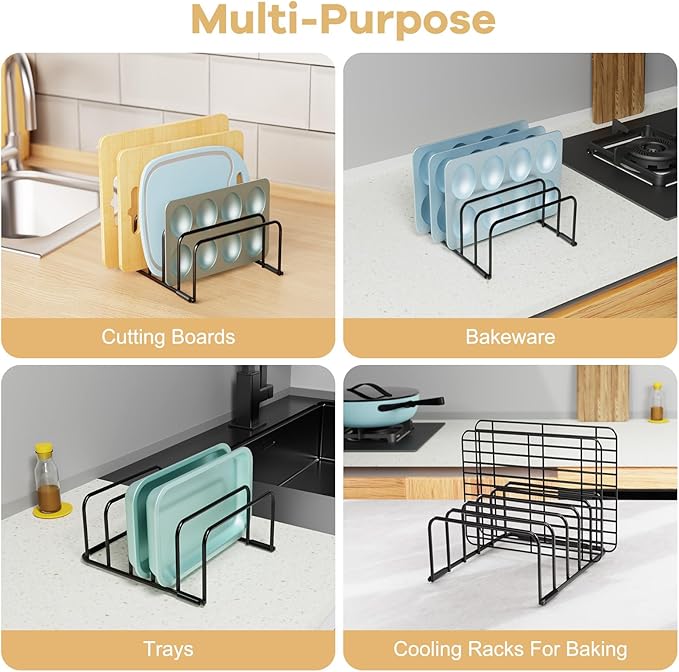 Fikoksol Cutting Board Organizer and Baking Sheet Rack, [1-Pack] Black Heavy Duty Metal Cookie Sheet Organizer for Cutting Board Storage & Plate Holder for Cabinet, Tray Dividers for Cabinets