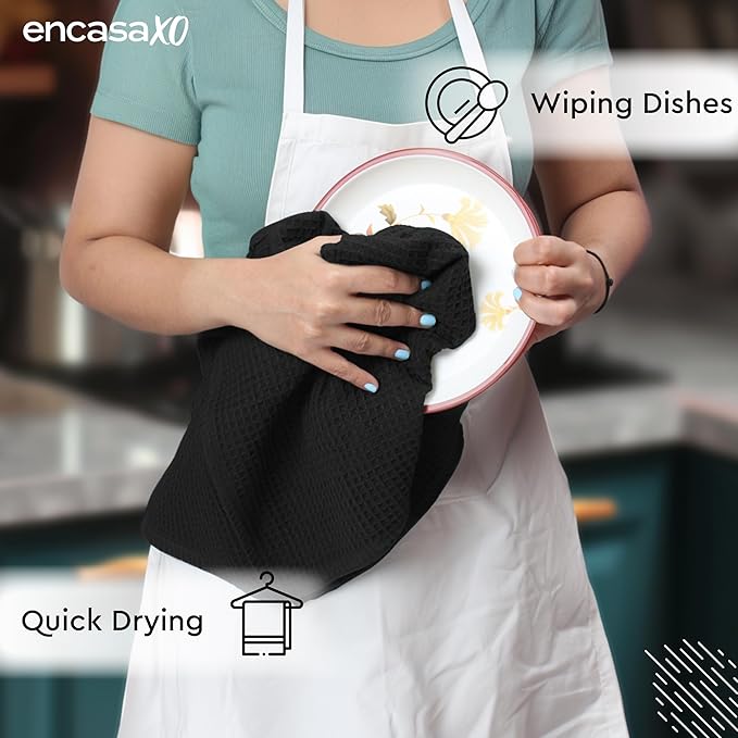 Encasa XO Kitchen Dish Towels Set | Black | Waffle Weave and Flat Hand Tea Towel | 28"x18" | Quick Drying Reusable Cotton Washcloths | Multipurpose Lightweight Dishcloths Set of 4