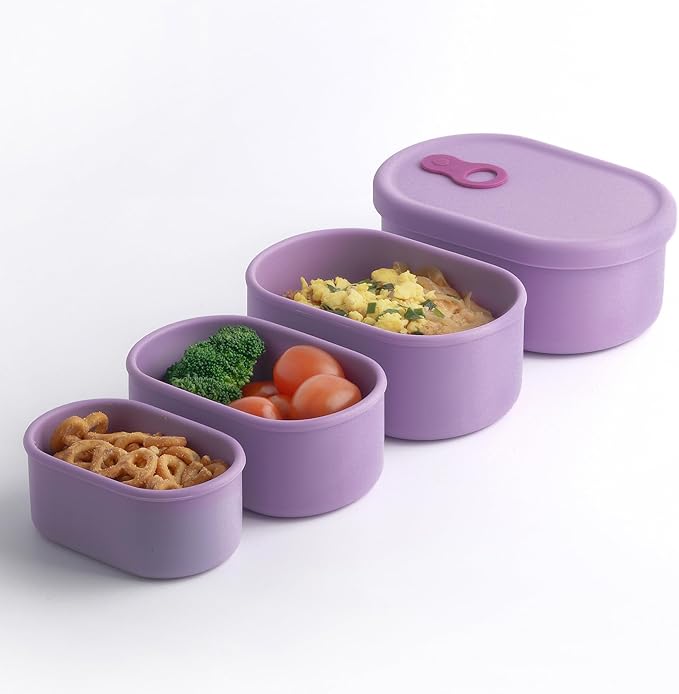 Premium Korean-Made Silicone Airtight Food Container with Steam Vent – BPA Free, Leakproof, Microwave & Freezer Safe Meal Prep. & Leftovers Storage (Violet, 4p Multi-Size Set)