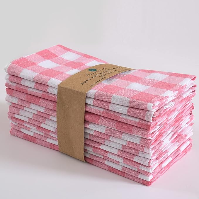 FINGERCRAFT Cloth Napkins, Everyday Use, Premium Quality, Cotton Buffalo Plaid, Set of 12, 20X20 Inch Oversized Napkins Cloth Mitered Corners, Soft, Durable Hotel Quality Pink White Checkered