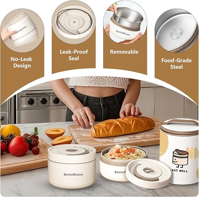 Bento Box Adult — Round Stackable Lunch Box for Women (450ml & 600ml) with Insulated Carry Bag | 304 Stainless Steel Removable Inserts | Microwave & Dishwasher Safe, White