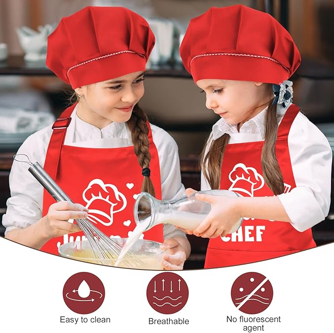 Kids Apron and Chef Hat Set, Funny Apron with 2 Pockets, Adjustable Kids Aprons for Cooking for Boys and Girls