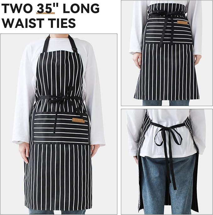 NLUS 2 Pack Cooking Aprons for Women with Pockets Adjustable Kitchen Bib Aprons for Women Men Chef, Black/White Stripe (Classic Black/White Stripes)