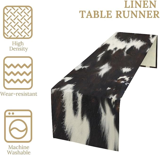 Cow Skin Print Table Runner, Rustic Country Farmhouse Animal Fur Skin Western Farm Black Brown Cowhide Print Dinner Runner Table Decoration for Home Kitchen Dining 13"x120"