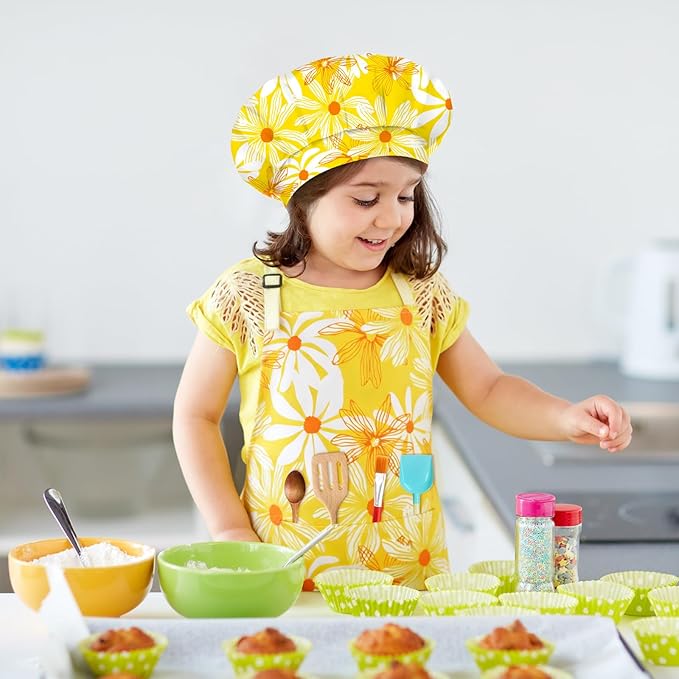 Kids Chef Hat and Apron, Adjustable Kids Aprons with Pocket Girls Boys Kitchen Toddler Aprons for Cooking Baking